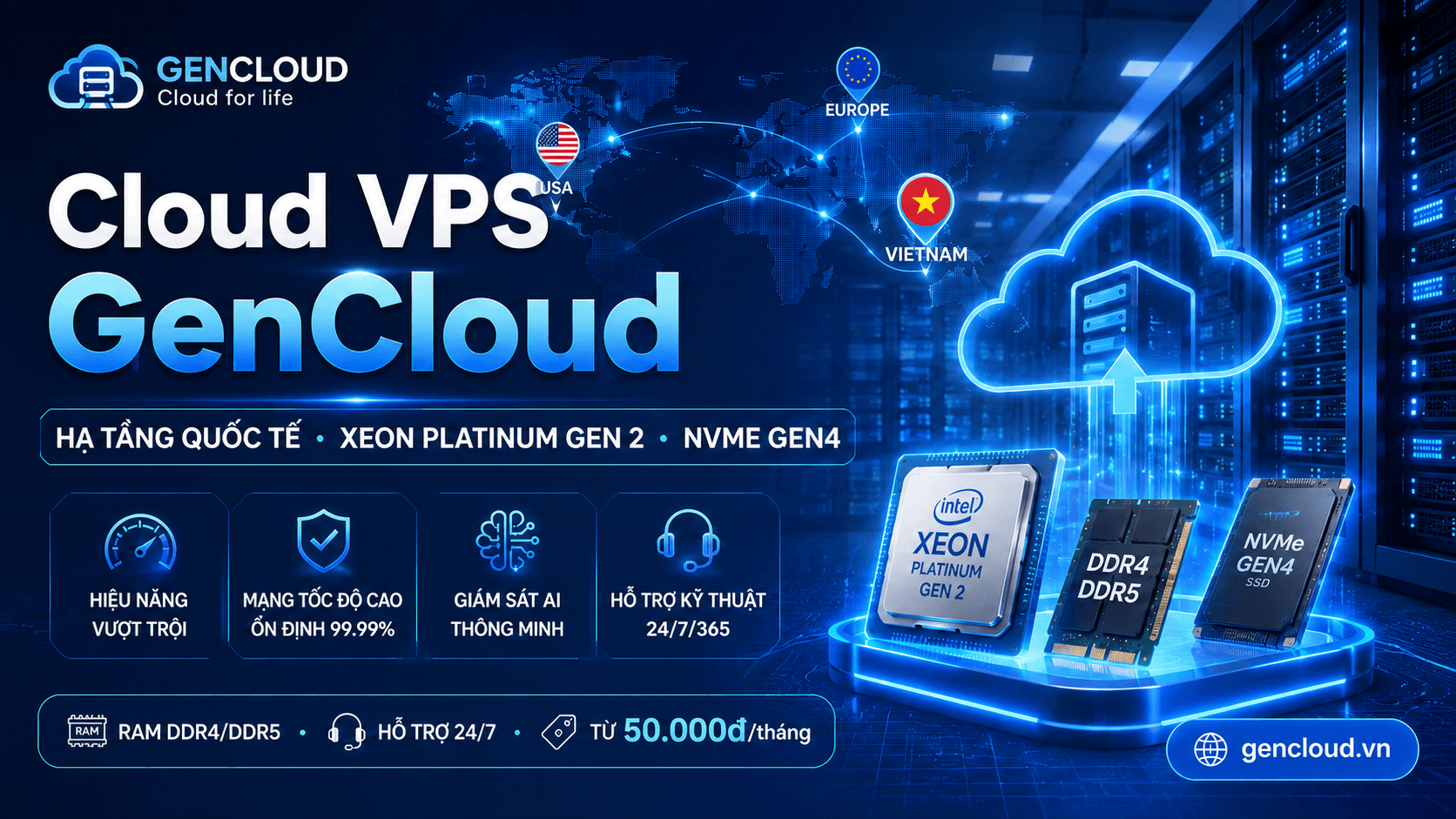 Cloud VPS GenCloud – Hạ tầng phần cứng quốc tế, hiệu năng cao với chi phí chỉ từ 50.000đ/tháng